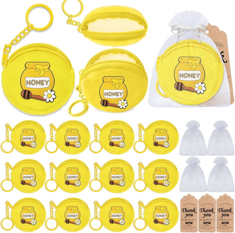 Elecrainbow 36 Pack Bee Themed Change Purses Set Include 12 Honey Pot Wallets with Keyring, 12 Thank You Tags and 12 Organza Bags for Bumble Bee Baby to Bee Birthday Baby Shower Decor,Yellow - Image 1
